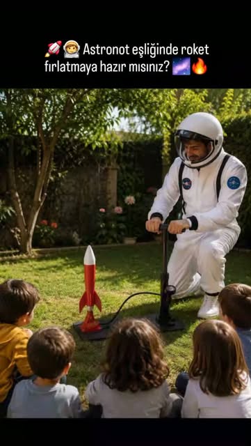 Astronot kostümlü animatör çocuklara su roketi fırlatma deneyi yaptırıyor
